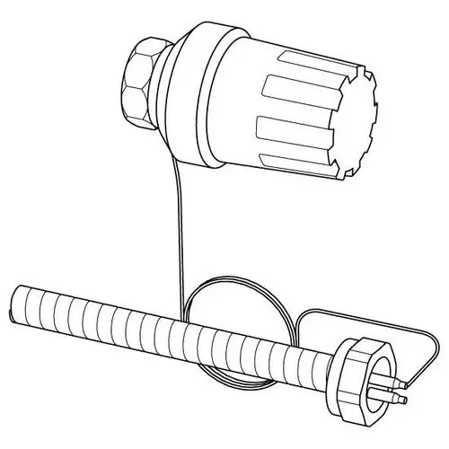 Thermostat von Uponor, bestehend aus einer Regelungseinheit mit Schraubmechanismus und angeschlossenem Sensorrohr. Komponenten sind klar strukturiert und funktional angeordnet.